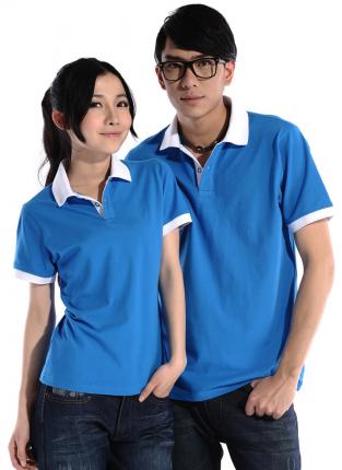 天藍色珠地棉T恤衫，領袖黃色間條撞色，男女款式訂做